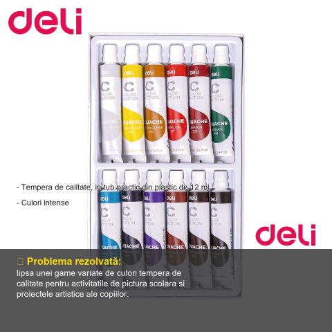 Set tempera Deli, 12 culori intense, tuburi de 12 ml, pentru pictura scolara si creatie artistica [1]