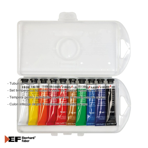 Set tempera Eberhard Faber, 10 culori intense, tuburi de 12 ml, pentru activitati creative scolare si acasa [1]