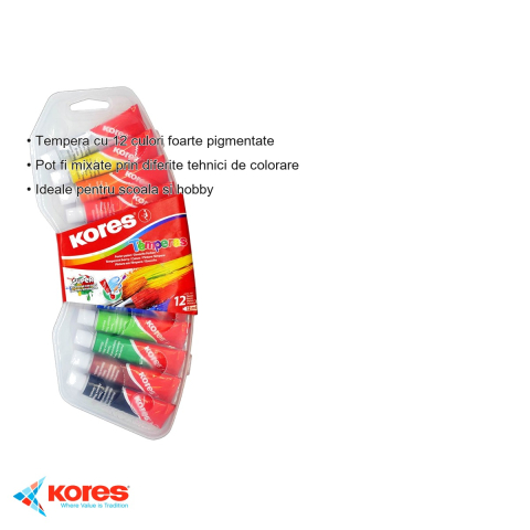 Set tempera Kores, 12 culori pigmentate de 12 ml, pentru scoala si hobby, utilizabil pe hartie, carton si panza [2]