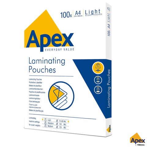 Folii laminare - Set100 folii laminare Fellowes APEX, format A4, 80 microni, finisaj lucios, pachet 100 bucati, pentru protectie documente si utilizare ocazionala