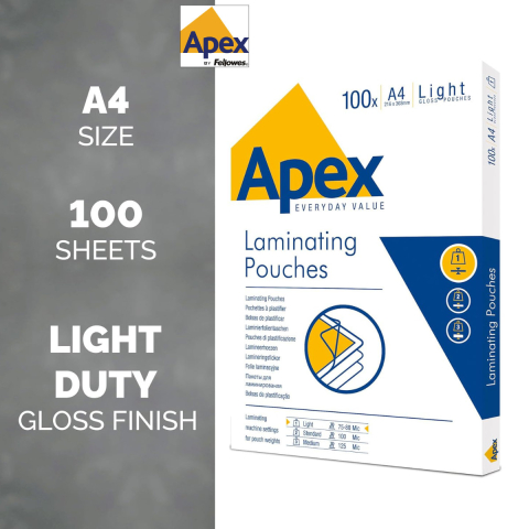 Set100 folii laminare Fellowes APEX, format A4, 80 microni, finisaj lucios, pachet 100 bucati, pentru protectie documente si utilizare ocazionala [1]