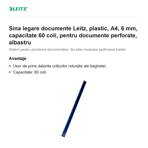 Sina legare documente Leitz, plastic, A4, 6 mm, capacitate 60 coli, pentru documente perforate, albastru [1]