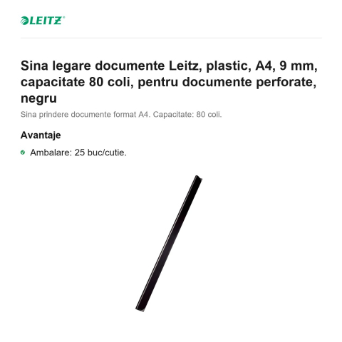 Sina legare documente Leitz, plastic, A4, 9 mm, capacitate 80 coli, pentru documente perforate, negru [1]