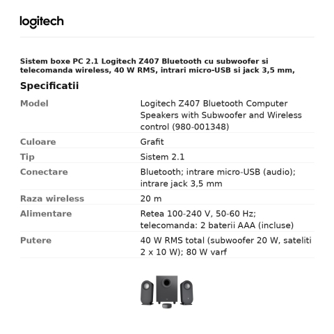 Sistem boxe PC 2.1 Logitech Z407 Bluetooth cu subwoofer si telecomanda wireless, 40 W RMS, intrari micro-USB si jack 3,5 mm, grafit, 980-001348 [2]