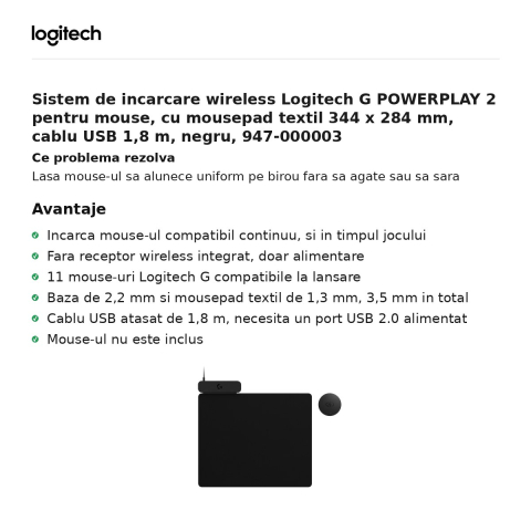 Sistem de incarcare wireless Logitech G POWERPLAY 2 pentru mouse, cu mousepad textil 344 x 284 mm, cablu USB 1,8 m, negru, 947-000003 [1]