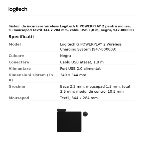 Sistem de incarcare wireless Logitech G POWERPLAY 2 pentru mouse, cu mousepad textil 344 x 284 mm, cablu USB 1,8 m, negru, 947-000003 [2]