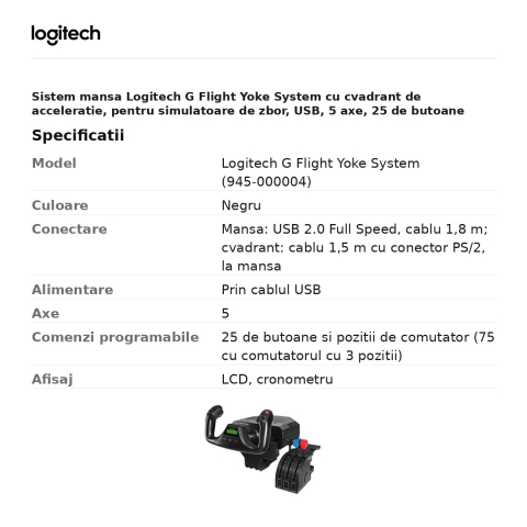 Sistem mansa Logitech G Flight Yoke System cu cvadrant de acceleratie, pentru simulatoare de zbor, USB, 5 axe, 25 de butoane programabile, negru, 945-000004 [2]
