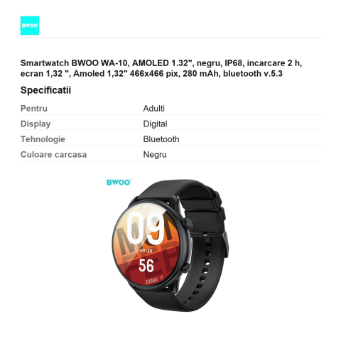 Smartwatch BWOO WA-10, AMOLED 1.32", negru, IP68, incarcare 2 h, ecran 1,32 ", Amoled 1,32" 466x466 pix, 280 mAh, bluetooth v.5.3 [2]