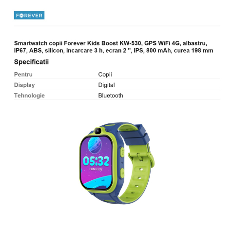 Smartwatch copii Forever Kids Boost KW-530, GPS WiFi 4G, albastru, IP67, ABS, silicon, incarcare 3 h, ecran 2 ", IPS, 800 mAh, curea 198 mm [2]