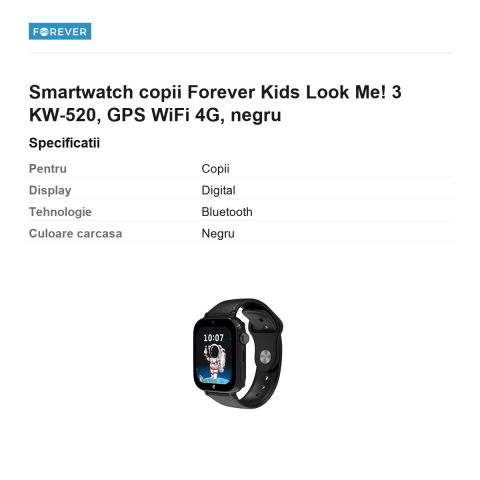 Smartwatch copii Forever Kids Look Me! 3 KW-520, GPS WiFi 4G, negru [2]