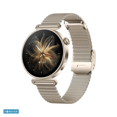 Smartwatch - Smartwatch Forever Bloomdust SB-380, bej sampanie, IP68, aliaj de zinc, aliaj de aluminiu, cupru, aliaj de magneziu, incarcare 2 h, Amoled 1,32" 466x466 pix, 300 mAh, bluetooth v.5.3, curea 210 mm