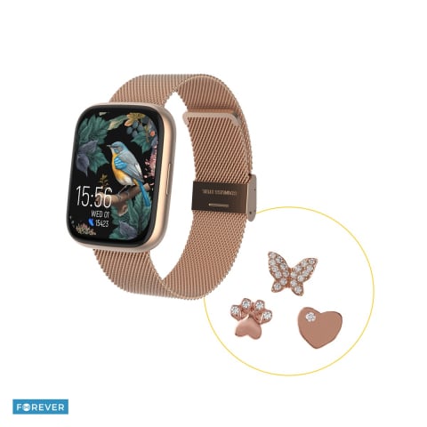 Smartwatch - Smartwatch Forever ForeVigo 4 SW-330, cu charms, roz auriu, IP68, incarcare 3 h, ecran 1,95 ", Amoled 1,95" 410x502 pix, curea 214 mm, 22 functii