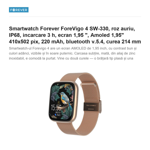 Smartwatch Forever ForeVigo 4 SW-330, roz auriu, IP68, incarcare 3 h, ecran 1,95 ", Amoled 1,95" 410x502 pix, 220 mAh, bluetooth v.5.4, curea 214 mm [1]