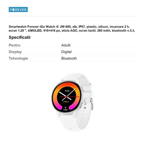 Smartwatch Forever iGo Watch 4! JW-600, alb, IP67, plastic, silicon, incarcare 2 h, ecran 1,28 ", AMOLED, 416×416 px, sticla AGC, ecran tactil, 280 mAh, bluetooth v.5.3, curea 205 mm [2]