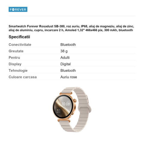 Smartwatch Forever Rosadust SB-380, roz auriu, IP68, aliaj de magneziu, aliaj de zinc, aliaj de aluminiu, cupru, incarcare 2 h, Amoled 1,32" 466x466 pix, 300 mAh, bluetooth v.5.3, curea 210 mm [2]