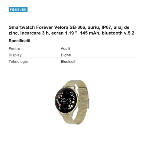 Smartwatch Forever Velora SB-306, auriu, IP67, aliaj de zinc, incarcare 3 h, ecran 1,19 ", 145 mAh, bluetooth v.5.2 [2]