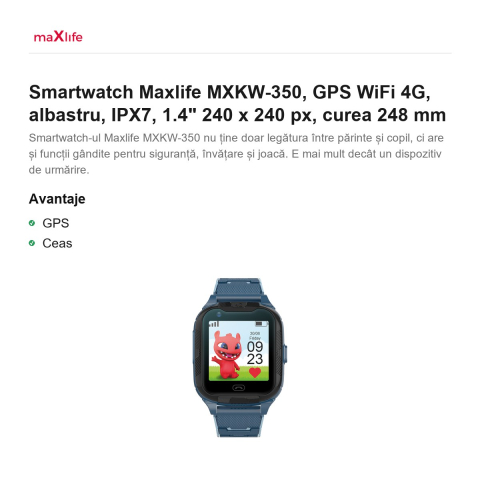 Smartwatch Maxlife MXKW-350, GPS WiFi 4G, albastru, IPX7, 1.4" 240 x 240 px, curea 248 mm [1]