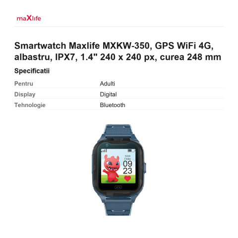 Smartwatch Maxlife MXKW-350, GPS WiFi 4G, albastru, IPX7, 1.4" 240 x 240 px, curea 248 mm [2]