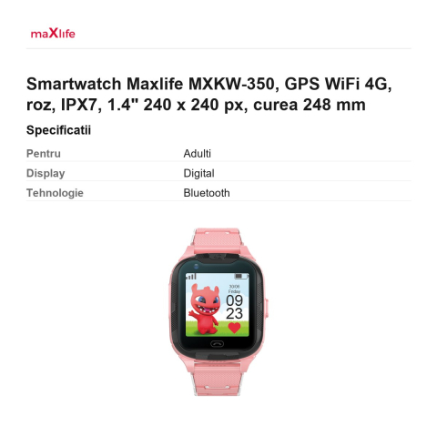 Smartwatch Maxlife MXKW-350, GPS WiFi 4G, roz, IPX7, 1.4" 240 x 240 px, curea 248 mm [2]