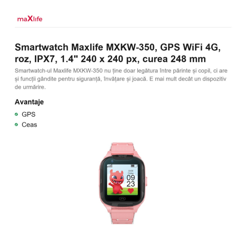 Smartwatch Maxlife MXKW-350, GPS WiFi 4G, roz, IPX7, 1.4" 240 x 240 px, curea 248 mm [1]