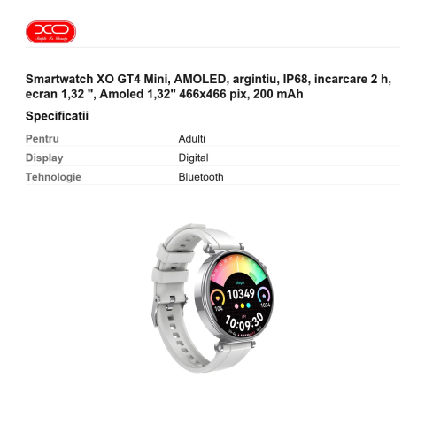 Smartwatch XO GT4 Mini, AMOLED, argintiu, IP68, incarcare 2 h, ecran 1,32 ", Amoled 1,32" 466x466 pix, 200 mAh [2]
