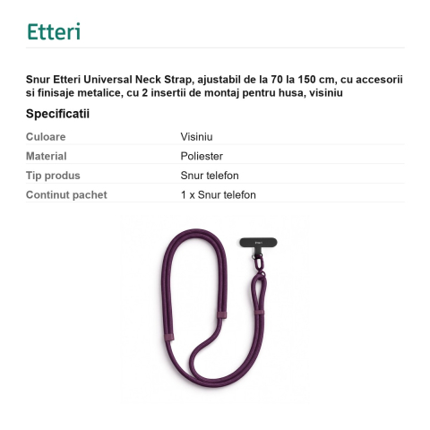 Snur Etteri Universal Neck Strap, ajustabil de la 70 la 150 cm, cu accesorii si finisaje metalice, cu 2 insertii de montaj pentru husa, visiniu [2]