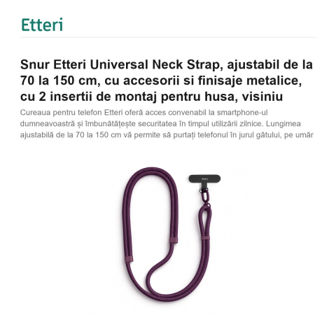 Snur Etteri Universal Neck Strap, ajustabil de la 70 la 150 cm, cu accesorii si finisaje metalice, cu 2 insertii de montaj pentru husa, visiniu [1]
