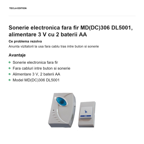 Sonerie electronica fara fir MD(DC)306 DL5001, alimentare 3 V cu 2 baterii AA [1]