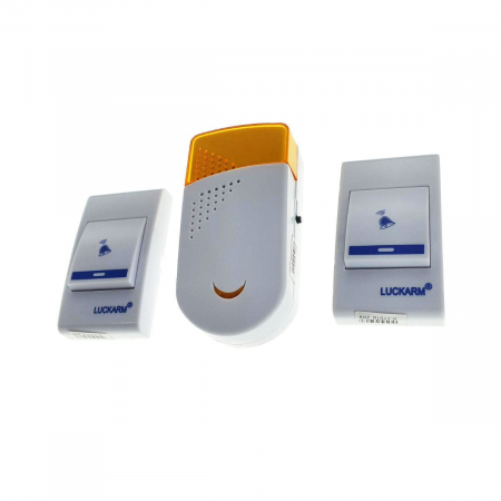 Sonerii electrice - Sonerie Luckarm 5603, fara fir, cu doua butoane, 32 melodii, alba cu portocaliu