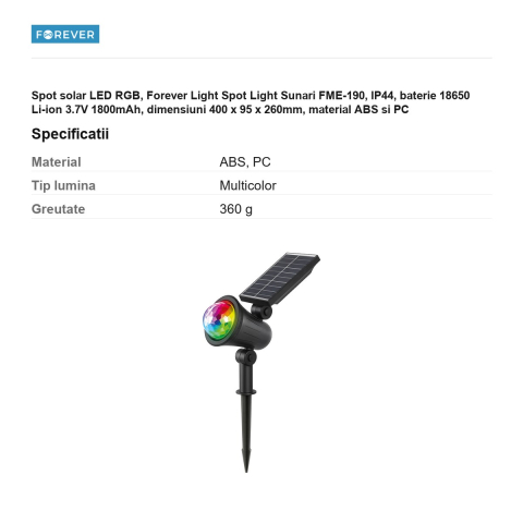 Spot solar LED RGB, Forever Light Spot Light Sunari FME-190, IP44, baterie 18650 Li-ion 3.7V 1800mAh, dimensiuni 400 x 95 x 260mm, material ABS si PC [2]