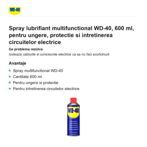 Spray lubrifiant multifunctional WD-40, 600 ml, pentru ungere, protectie si intretinerea circuitelor electrice [1]