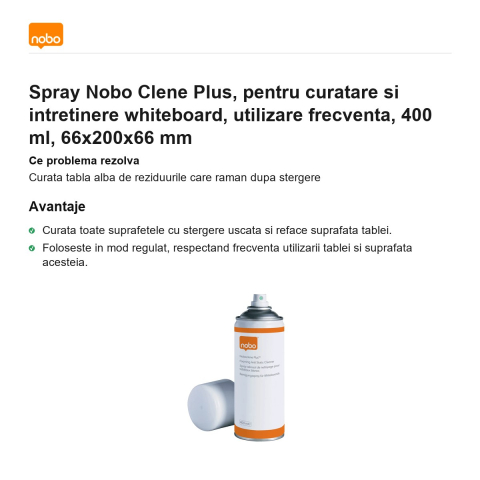 Spray Nobo Clene Plus, pentru curatare si intretinere whiteboard, utilizare frecventa, 400 ml, 66x200x66 mm [1]