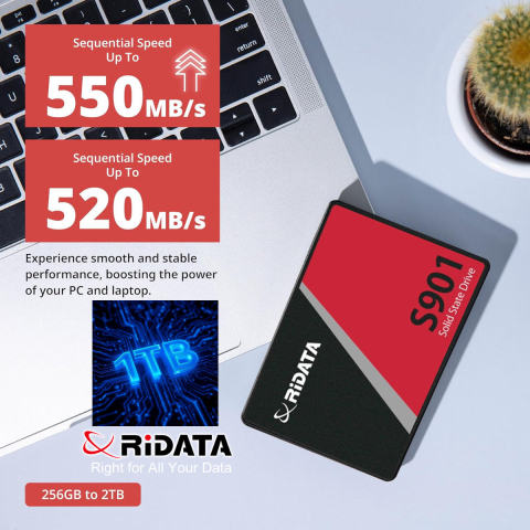 SSD 2.5 SATA 1TB RIDATA S901, Viteza 550 MB/s, pentru Gaming, Laptop, Backup Masiv, cu Tehnologie LDPC ECC si Consum Ultra-Redus [1]