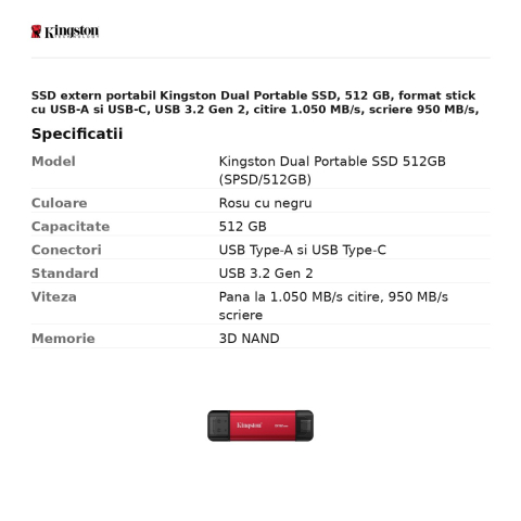SSD extern portabil Kingston Dual Portable SSD, 512 GB, format stick cu USB-A si USB-C, USB 3.2 Gen 2, citire 1.050 MB/s, scriere 950 MB/s, rosu cu negru, SPSD/512GB [2]