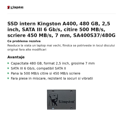 SSD intern Kingston A400, 480 GB, 2,5 inch, SATA III 6 Gb/s, citire 500 MB/s, scriere 450 MB/s, 7 mm, SA400S37/480G [1]