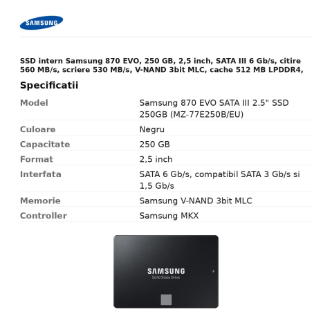 SSD intern Samsung 870 EVO, 250 GB, 2,5 inch, SATA III 6 Gb/s, citire 560 MB/s, scriere 530 MB/s, V-NAND 3bit MLC, cache 512 MB LPDDR4, negru, MZ-77E250B/EU [2]