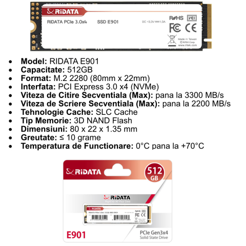 SSD M.2 NVMe 512GB RIDATA E901, PCIe Gen3 x4, Viteza citire 3300 MB/s, pentru Gaming, Laptop, Workstation, cu SLC Cache si 3D NAND [4]