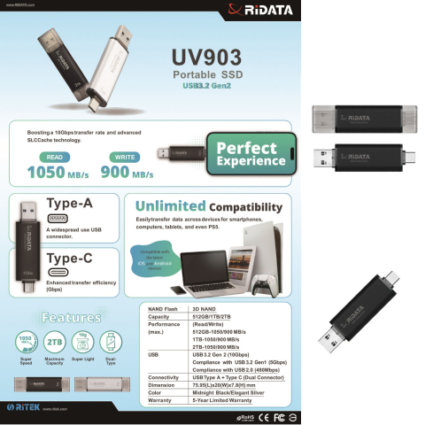 SSD Portabil Extern 512GB Viteza 1050 MB/s Dual USB-C si USB-A, RiDATA UV903, pentru Backup si Transfer Rapid, Negru [3]