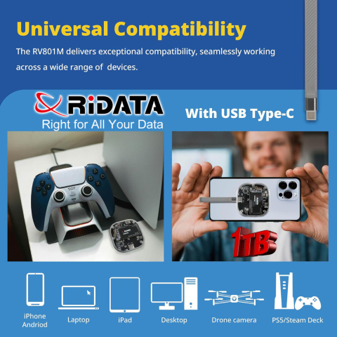 SSD Portabil Extern RiDATA RV801M 1 TB, Viteza Mare 1050 MB/s, Compatibil MagSafe pentru Filmari ProRes 4K pe iPhone, Carcasa Metalica cu Capac Transparent [6]