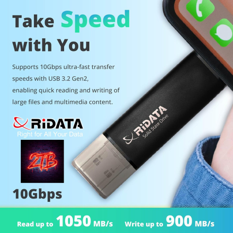 SSD Portabil Extern RiDATA UV903 2 TB, Viteza 1050 MB/s, Dual Port USB-C si USB-A, Compatibil Universal [2]