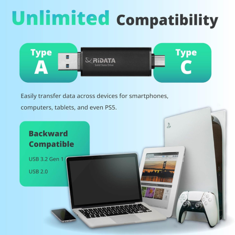 SSD Portabil Extern RiDATA UV903 2 TB, Viteza 1050 MB/s, Dual Port USB-C si USB-A, Compatibil Universal [3]