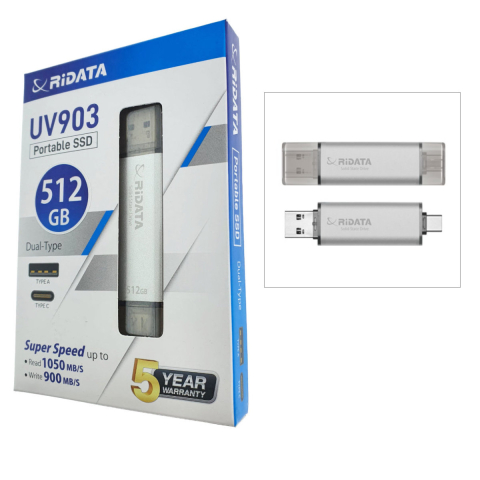 SSD Portabil Extern RiDATA UV903, 512GB, Viteza 1050 MB/s, Dual USB-C si USB-A pentru Laptop, PC, Smartphone, Carcasa Argintie Ultra-Compatibila [1]