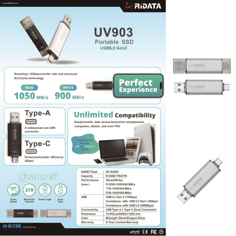 SSD Portabil Extern RiDATA UV903, 512GB, Viteza 1050 MB/s, Dual USB-C si USB-A pentru Laptop, PC, Smartphone, Carcasa Argintie Ultra-Compatibila [3]