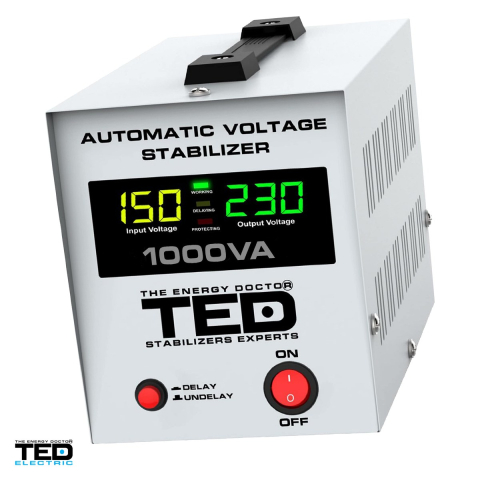 Stabilizator de tensiune monofazat AVR cu relee TED Electric TED000040, 1000 VA / 600 W, iesire 230 V, intrare 150-270 V, precizie +/-5%, 2 prize Schuko, afisaj LCD, 120 x 222 x 150 mm [0]