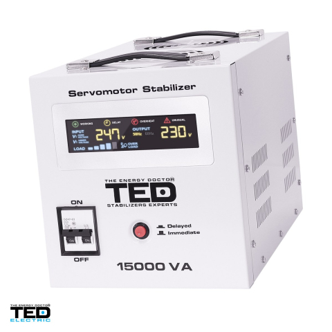Stabilizator de tensiune monofazat cu servomotor TED Electric TED005045, 15 kVA / 12 kW, iesire 230 V, intrare 130-260 V, precizie +/-3%, bloc terminale, afisaj LCD, pe roti, 220 x 333 x 230 mm [0]