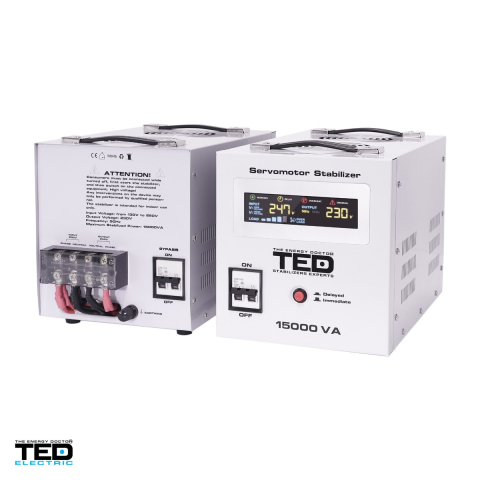 Stabilizator de tensiune monofazat cu servomotor TED Electric TED005045, 15 kVA / 12 kW, iesire 230 V, intrare 130-260 V, precizie +/-3%, bloc terminale, afisaj LCD, pe roti, 220 x 333 x 230 mm [3]