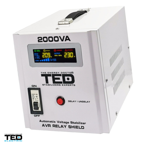 Stabilizator tensiune monofazat AVR cu relee seria RT TED Electric TED RT 2000VA (TED000125), 2000 VA / 1200 W, intrare 140-260 V, precizie +/-8-10%, 2 prize Schuko, 146 x 237 x 170 mm [0]