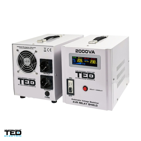 Stabilizator tensiune monofazat AVR cu relee seria RT TED Electric TED RT 2000VA (TED000125), 2000 VA / 1200 W, intrare 140-260 V, precizie +/-8-10%, 2 prize Schuko, 146 x 237 x 170 mm [3]