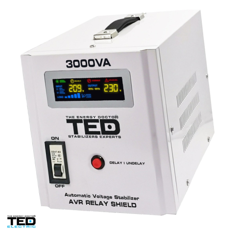Stabilizatoare de tensiune - Stabilizator tensiune monofazat AVR cu relee seria RT TED Electric TED RT 3000VA (TED000149), 3000 VA / 1800 W, intrare 140-260 V, precizie +/-8-10%, 2 prize Schuko + bloc terminale