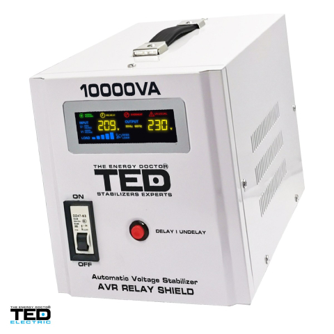 Stabilizatoare de tensiune - Stabilizator tensiune monofazat AVR cu relee seria RT TED Electric TED000071, 10 kVA / 6000 W, intrare 140-260 V, precizie +/-8-10%, 2 prize Schuko + bloc terminale, 333 x 220 x 230 mm